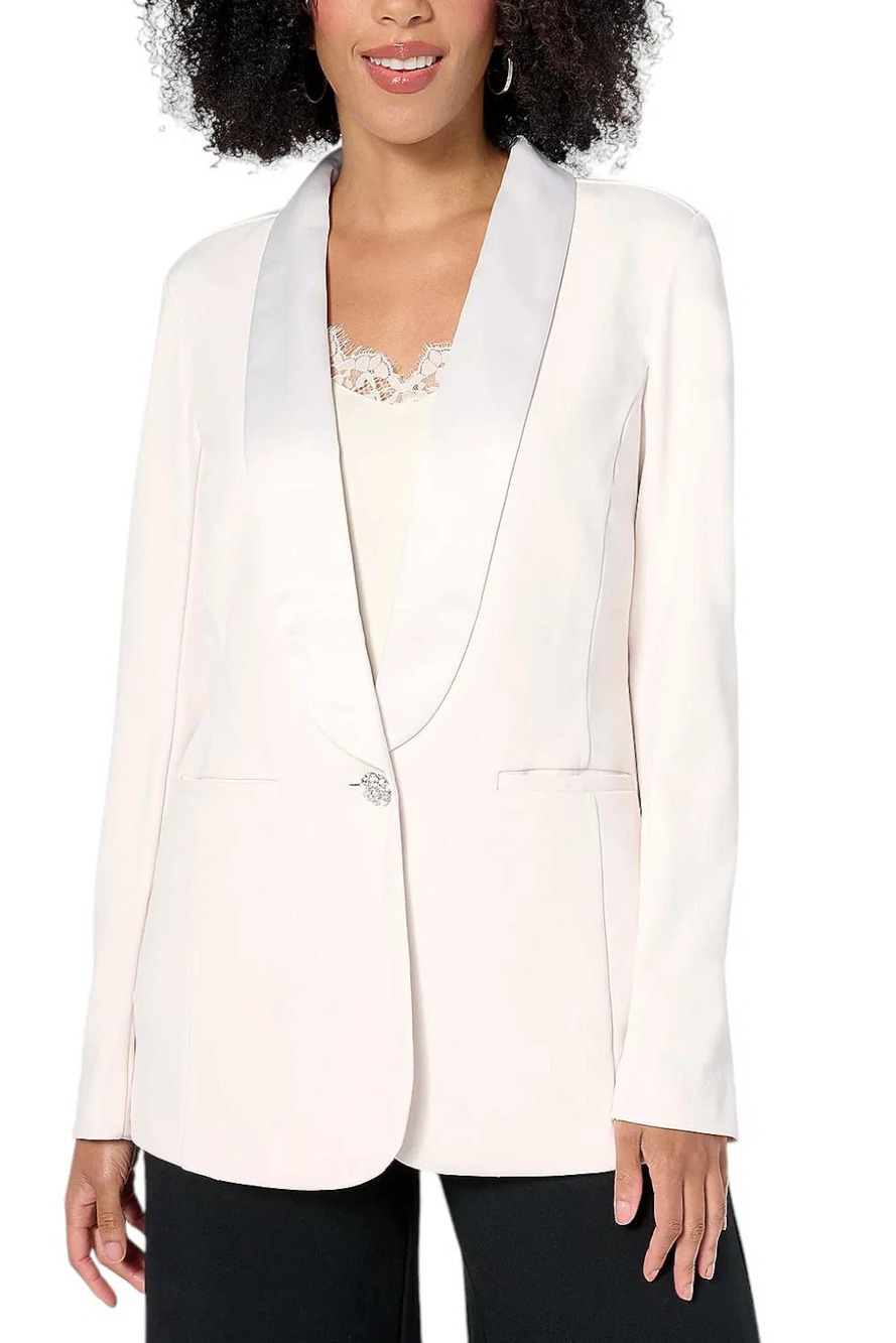 Tailored by Susan Graver Women's LK Fusion Blazer w/Satin Collar Ivory - Petite